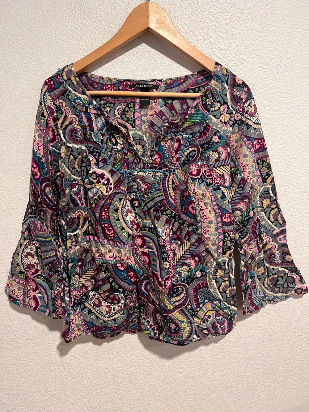 Vintage Lucky Brand Indie Boho Cotton Paisley Bell Sleeve Top Medium
